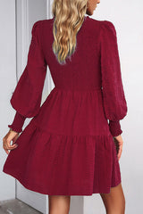 Solid Smocked Round Neck Ruffle Hem Dress