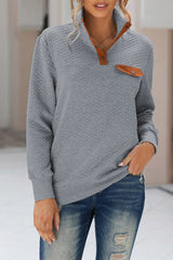 Quilted Snaps Stand Neck Pullover Sweatshirt With Fake Front Pocket