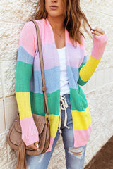 Rainbow Color Block Open Front Drape Oversized Knitted Cardigan