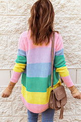 Rainbow Color Block Open Front Drape Oversized Knitted Cardigan