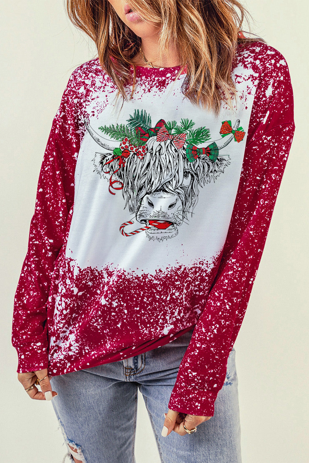 Red Christmas Cow Bleach Print Long Sleeve Sweatshirt