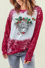 Red Christmas Cow Bleach Print Long Sleeve Sweatshirt