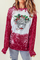 Red Christmas Cow Bleach Print Long Sleeve Sweatshirt