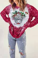 Red Christmas Cow Bleach Print Long Sleeve Sweatshirt