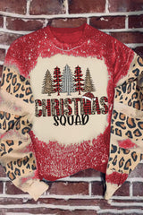 Red Christmas Tree Leopard Bleached Print Pullover Sweatshirt