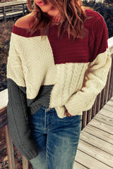 Red Crew Neck Contrast Color Block Sweater