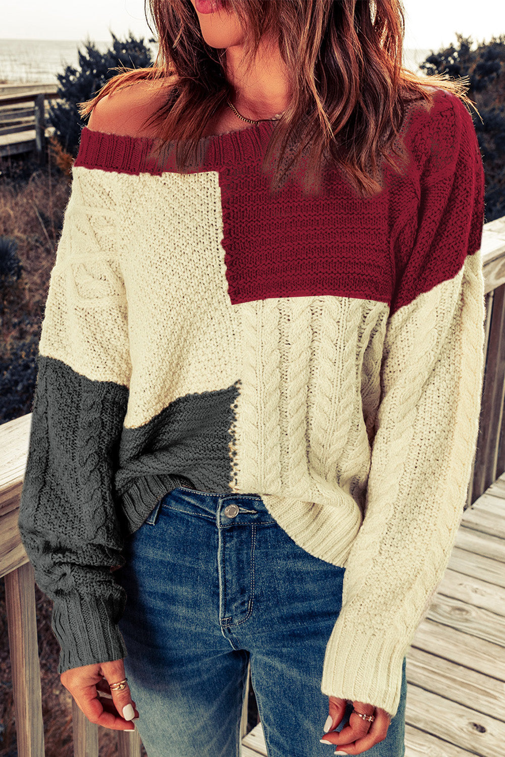 Red Crew Neck Contrast Color Block Sweater