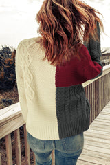 Red Crew Neck Contrast Color Block Sweater