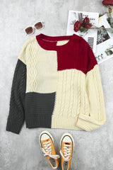 Red Crew Neck Contrast Color Block Sweater