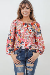 Red Floral Crewneck Long Sleeve Blouse