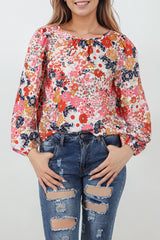 Red Floral Crewneck Long Sleeve Blouse