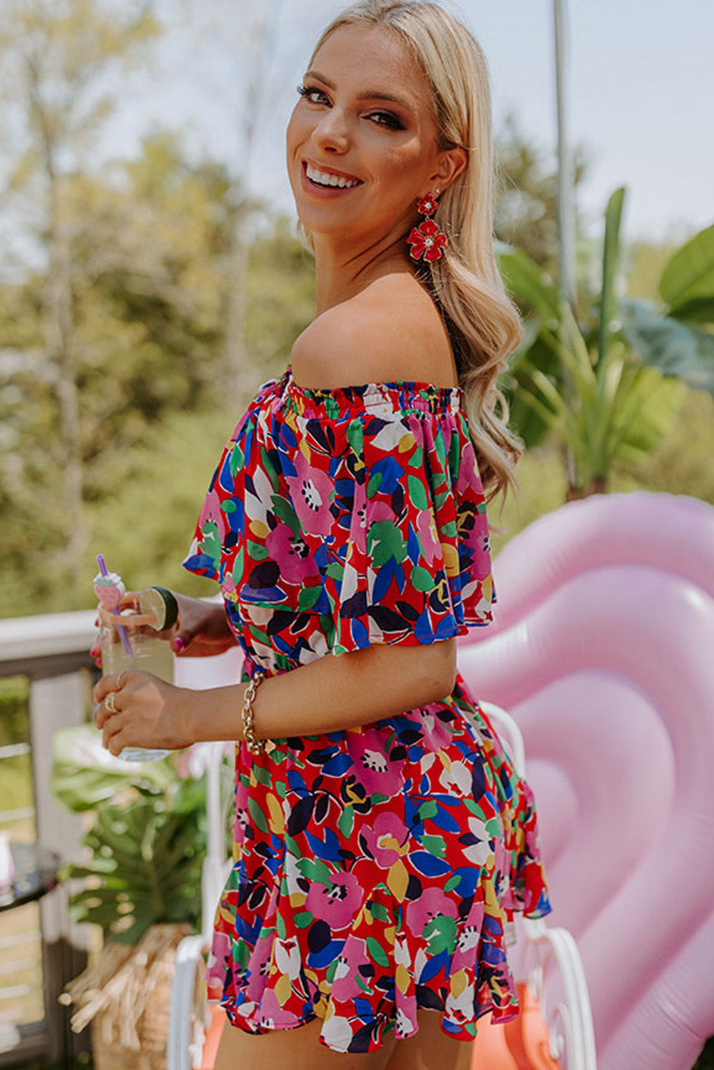 Red Floral Off Shoulder Short Sleeves Ruffle Romper