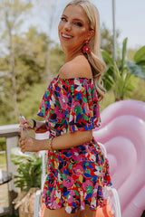 Red Floral Off Shoulder Short Sleeves Ruffle Romper