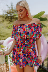 Red Floral Off Shoulder Short Sleeves Ruffle Romper