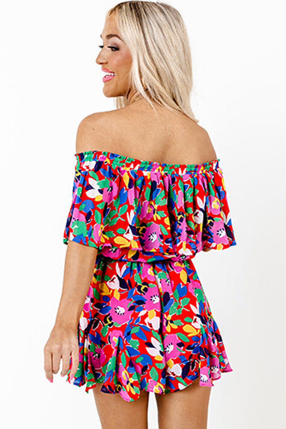 Red Floral Off Shoulder Short Sleeves Ruffle Romper