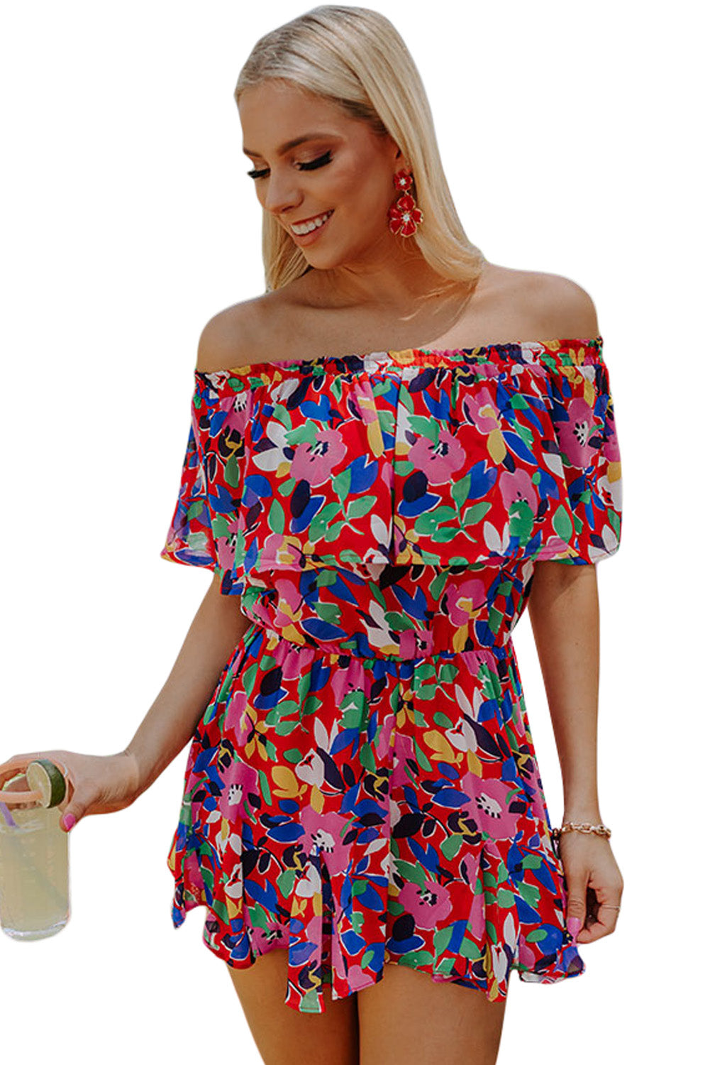 Red Floral Off Shoulder Short Sleeves Ruffle Romper