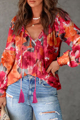 Red Floral Print Split Neck Tassel Tie Blouse