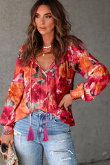 Red Floral Print Split Neck Tassel Tie Blouse