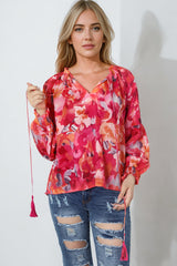 Red Floral Print Split Neck Tassel Tie Blouse