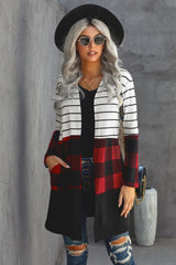 Red Plaid Colorblock Striped Cardigan