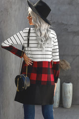 Red Plaid Colorblock Striped Cardigan