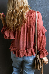 Red Swiss Dot Lace up V Neck Ruffled Blouse