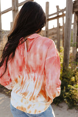 Red Tie Dye Print Lace-Up Buttoned Henley Top