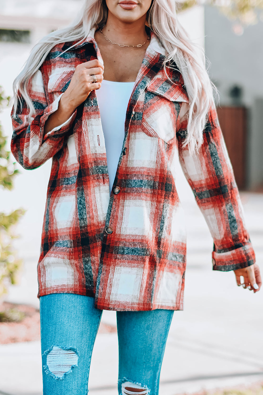 Red Turn Down Neck Plaid Pocket Button Closure Coat