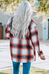 Red Turn Down Neck Plaid Pocket Button Closure Coat