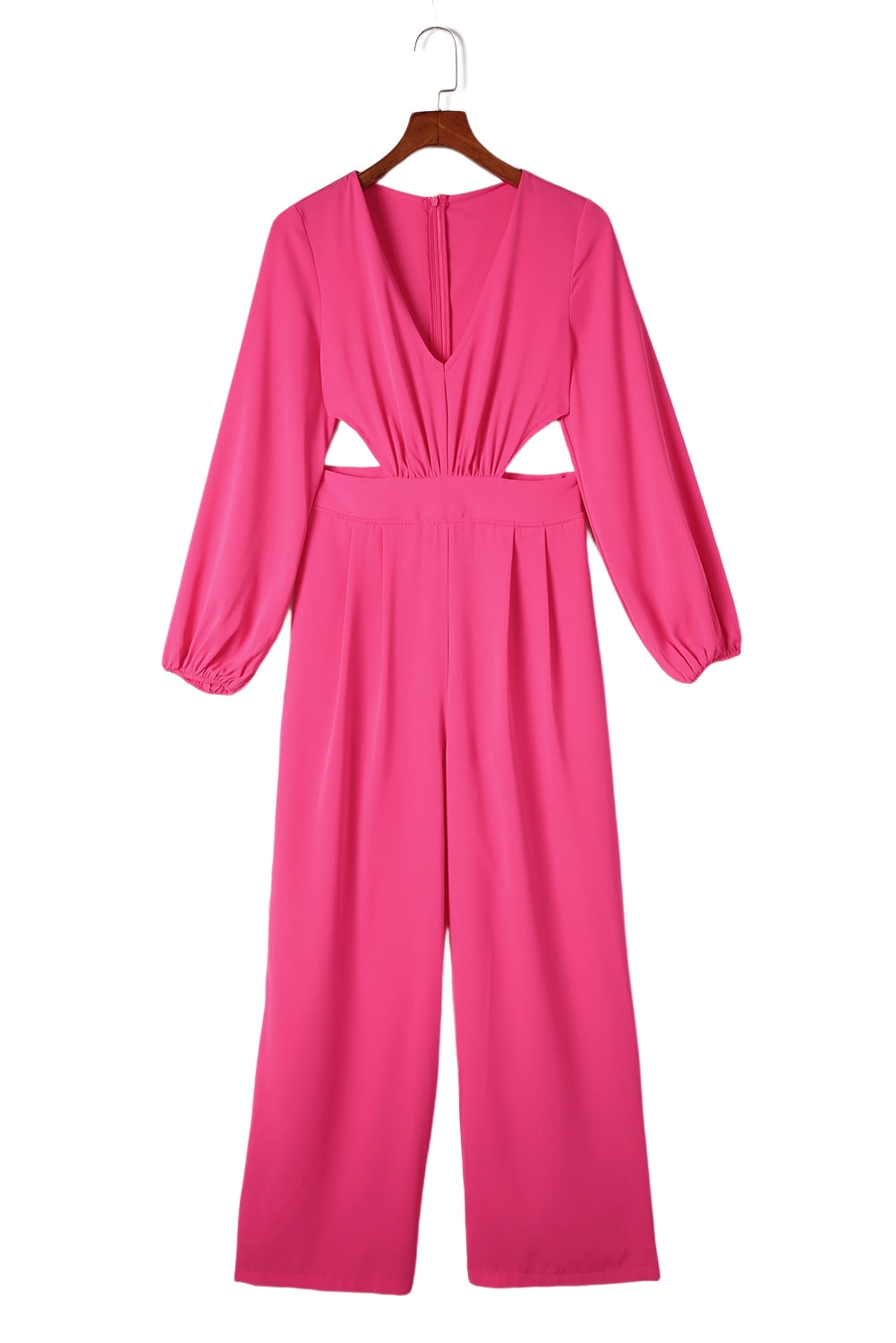 Red V Neck Bubble Sleeve Cut Out Waist Wide Leg Jumpsuit