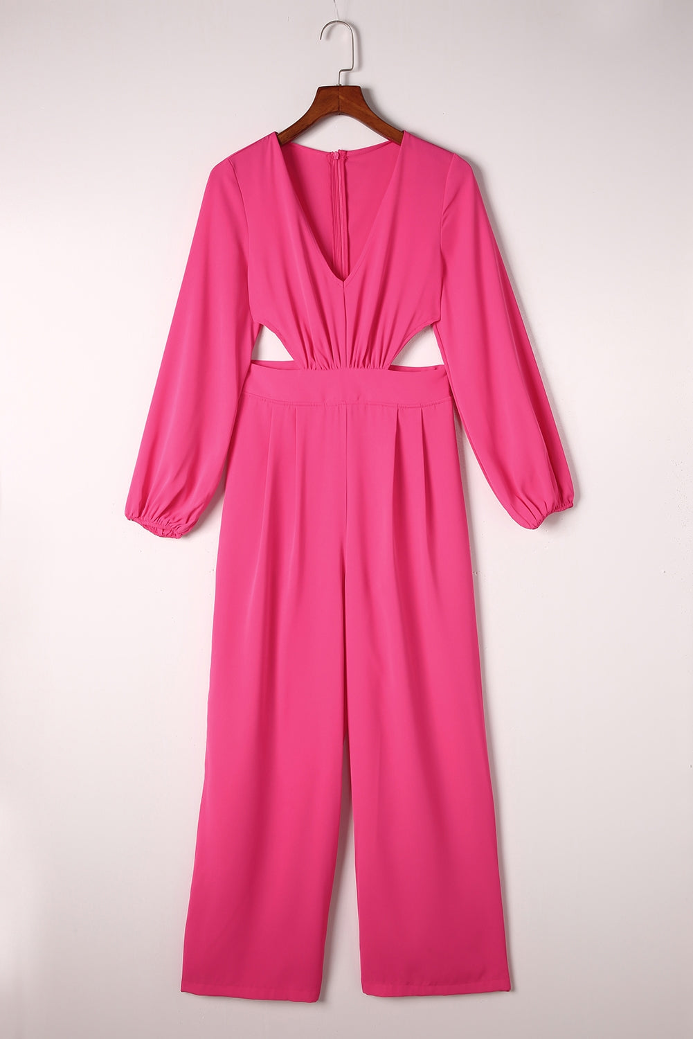 Red V Neck Bubble Sleeve Cut Out Waist Wide Leg Jumpsuit
