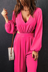 Red V Neck Bubble Sleeve Cut Out Waist Wide Leg Jumpsuit