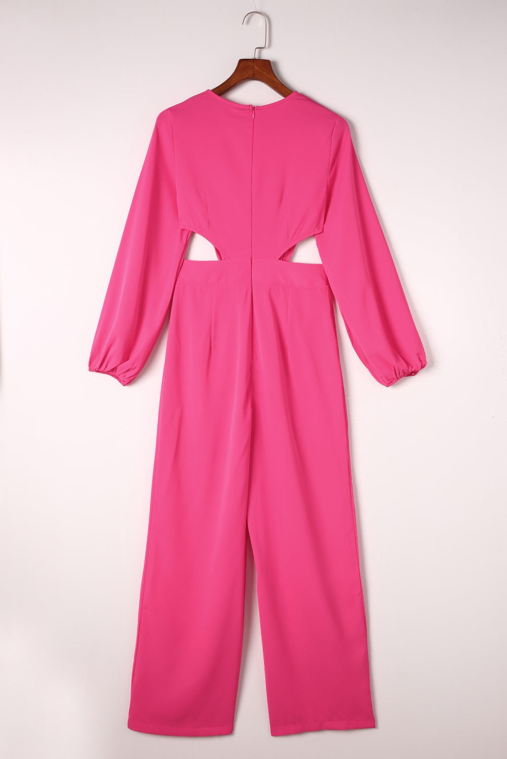Red V Neck Bubble Sleeve Cut Out Waist Wide Leg Jumpsuit