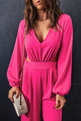 Red V Neck Bubble Sleeve Cut Out Waist Wide Leg Jumpsuit