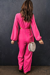 Red V Neck Bubble Sleeve Cut Out Waist Wide Leg Jumpsuit