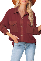 Red Waffle Knit Patch Pocket Shacket