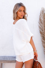 Relaxed V Neck Blouse and Drawstring Raw Hem Shorts Set