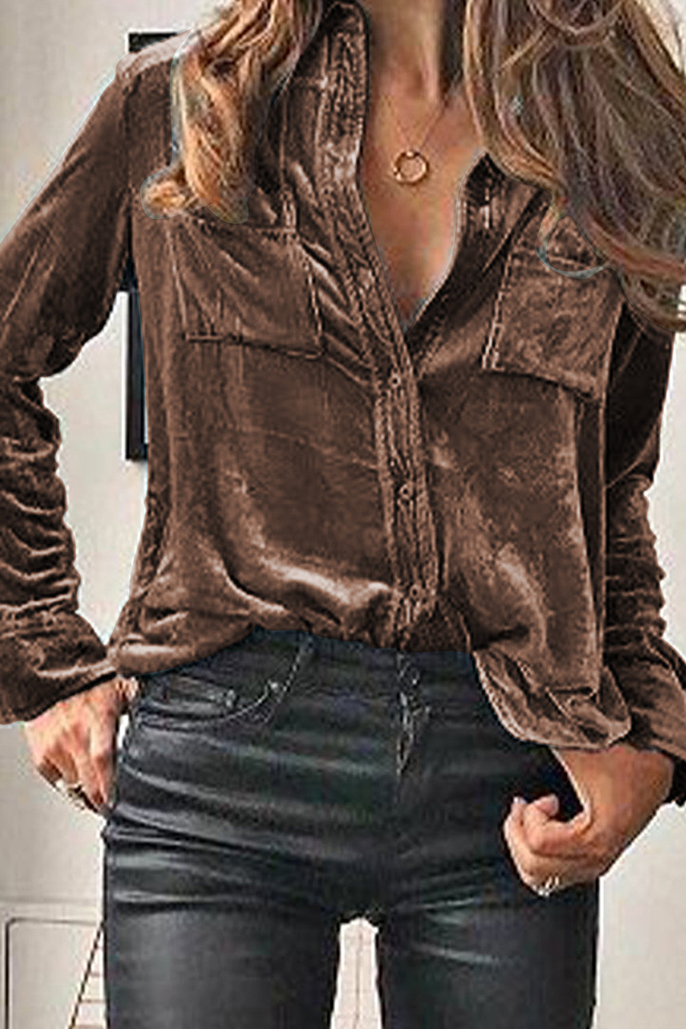 Retro Buttoned Pocket Long Sleeve Velvet Shirt