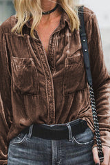 Retro Buttoned Pocket Long Sleeve Velvet Shirt