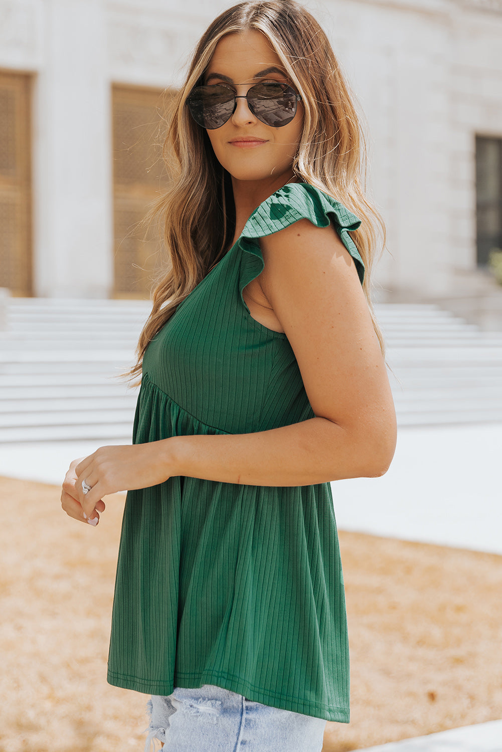 Ribbed Flounce Sleeve V Neck Babydoll Top