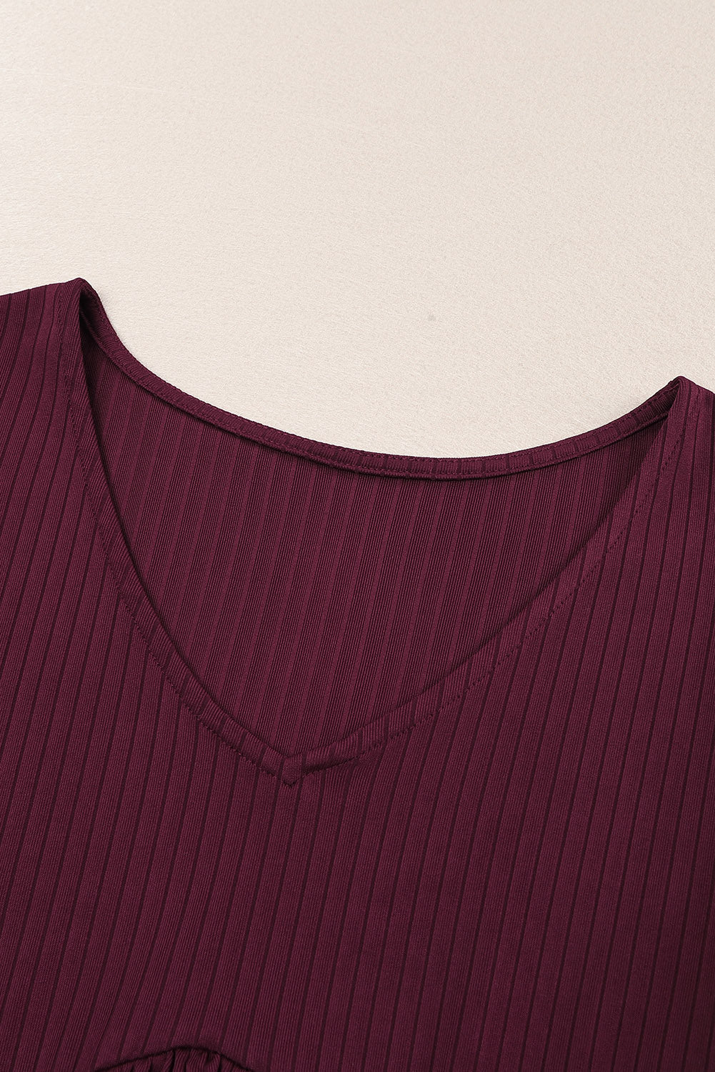 Ribbed Flounce Sleeve V Neck Babydoll Top