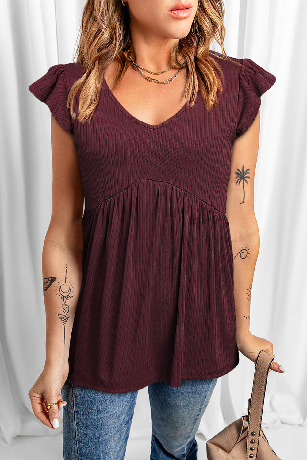Ribbed Flounce Sleeve V Neck Babydoll Top