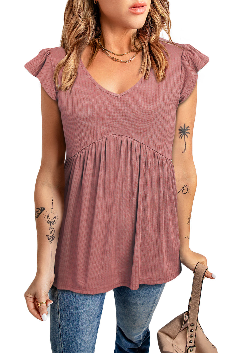 Ribbed Flounce Sleeve V Neck Babydoll Top