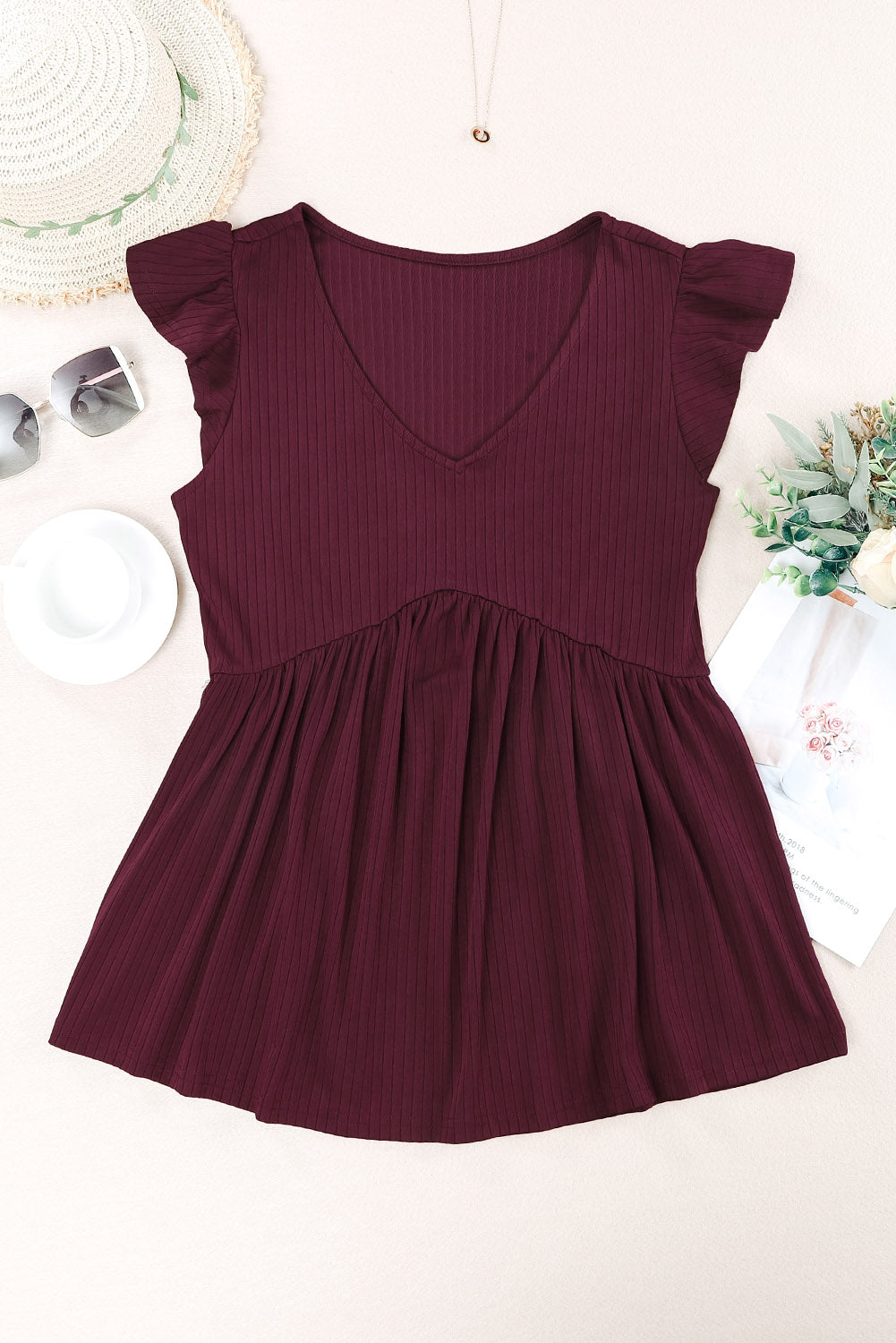Ribbed Flounce Sleeve V Neck Babydoll Top