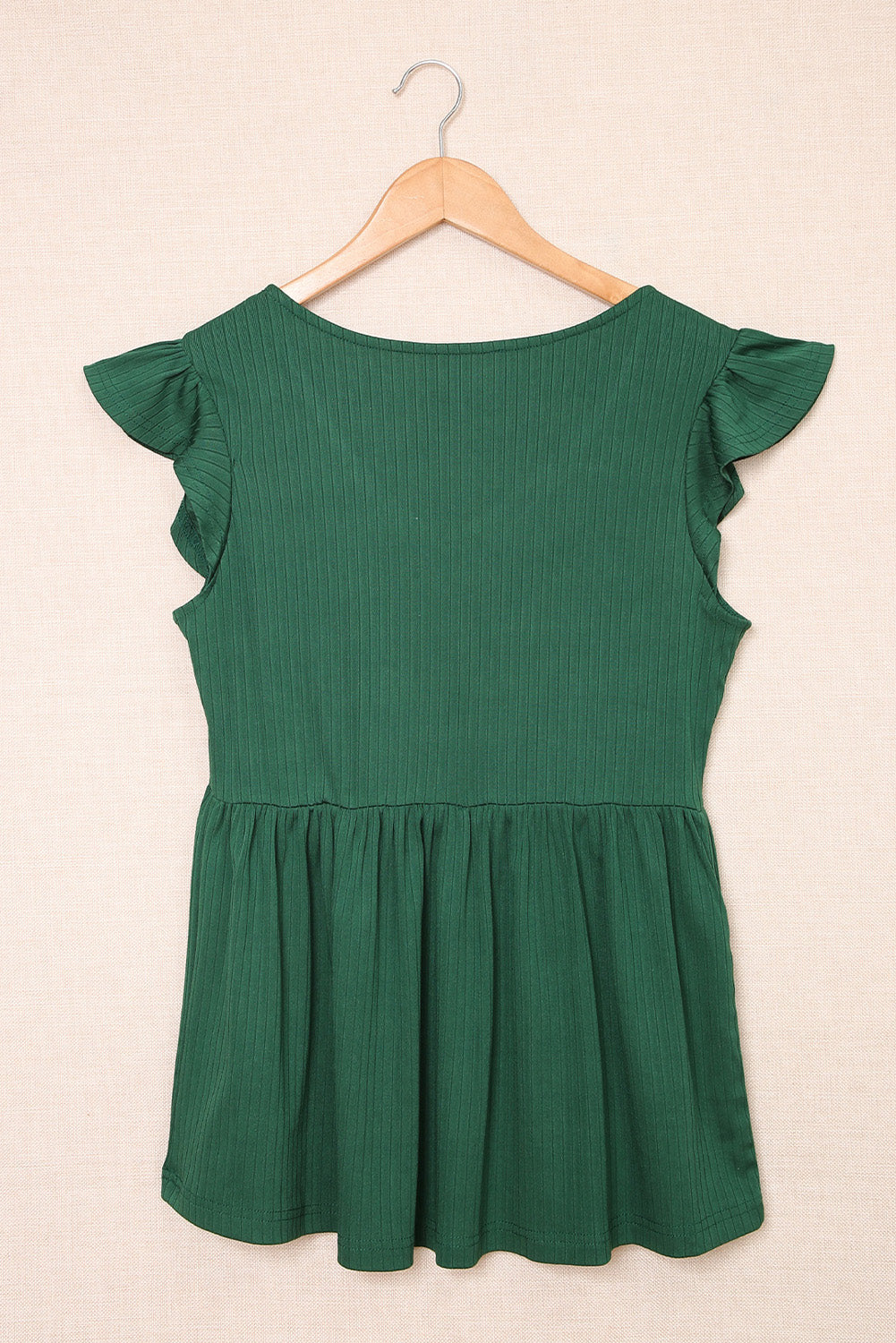 Ribbed Flounce Sleeve V Neck Babydoll Top