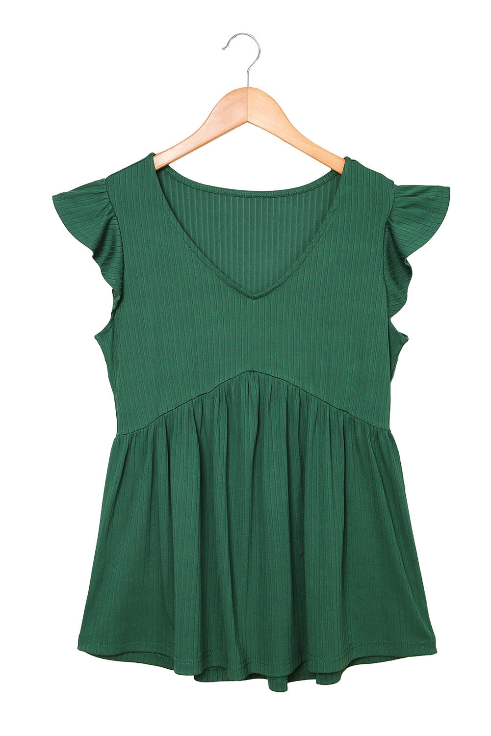 Ribbed Flounce Sleeve V Neck Babydoll Top