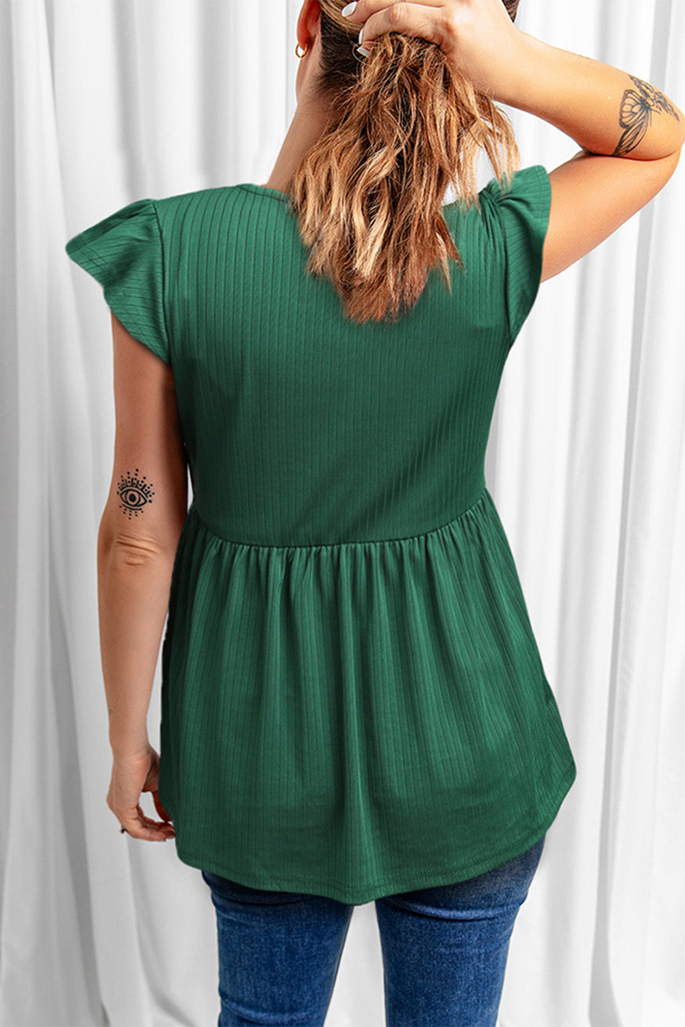 Ribbed Flounce Sleeve V Neck Babydoll Top