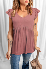 Ribbed Flounce Sleeve V Neck Babydoll Top