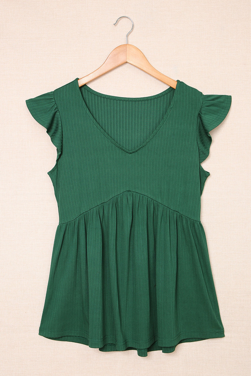 Ribbed Flounce Sleeve V Neck Babydoll Top