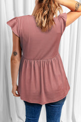 Ribbed Flounce Sleeve V Neck Babydoll Top